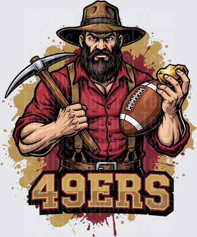 San Francisco 49ers Gold Rush Miner Holding Football and Pickaxe with Paint Splatter