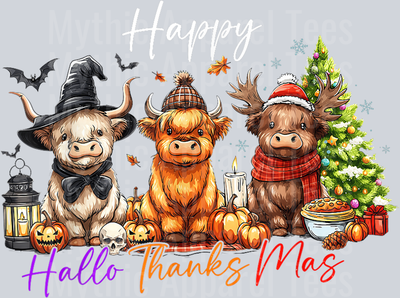Happy Halloween Thanksgiving Christmas Highland Cow Holiday T-Shirt