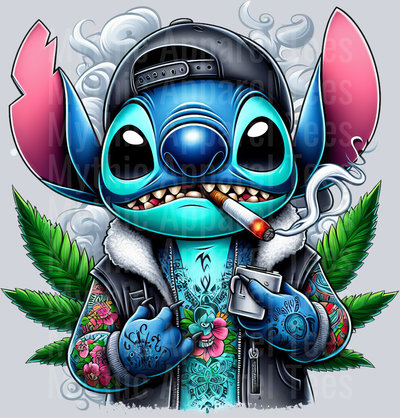 Stitch Gangster with Hat Smoking Pop Culture DTF Weed Transfers