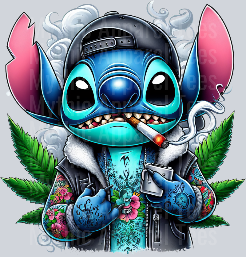 Stitch Gangster with Hat Smoking Pop Culture DTF Weed Transfers