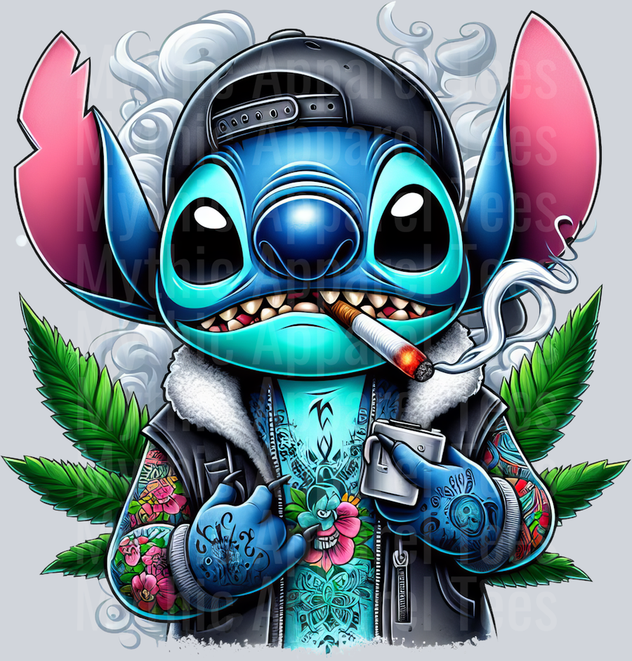 Stitch Gangster with Hat Smoking Pop Culture DTF Weed Transfers