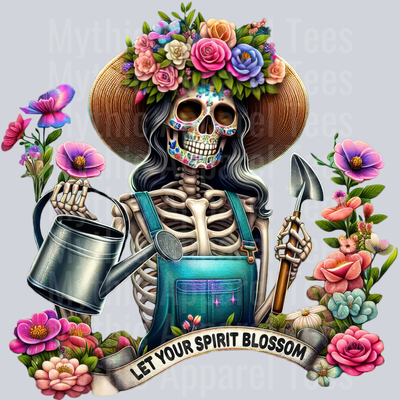 Let your spirit blossom Gardener with Flowers Skelly Girl DTF Skull Transfers