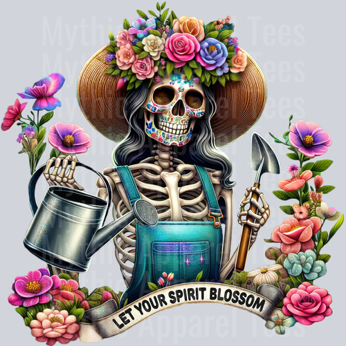 Let your spirit blossom Gardener with Flowers Skelly Girl DTF Skull Transfers