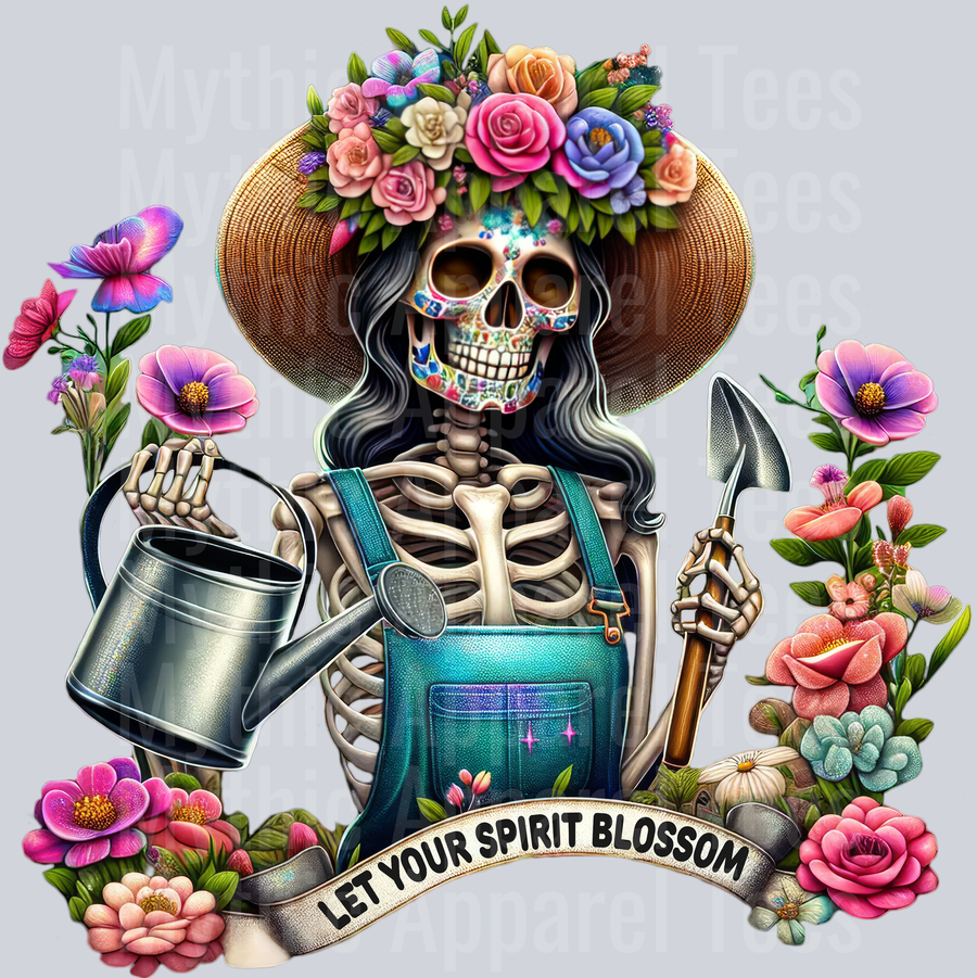 Let your spirit blossom Gardener with Flowers Skelly Girl DTF Skull Transfers