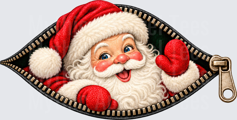 Jolly Santa Claus Peeking Through Open Zipper with Red Mittens and Rosy Cheeks Christmas Design