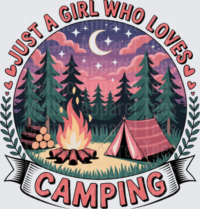 Just A Girl Who Loves Camping Campfire Tent Pine Trees Crescent Moon Night Sky Feminine Outdoor Badge Design