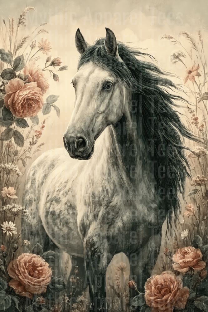 Dapple Gray Horse with Flowing Black Mane Surrounded by Vintage Roses and Wildflowers