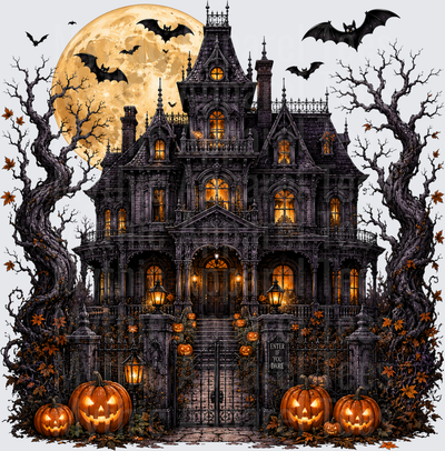 Gothic Victorian Haunted Mansion Enter If You Dare Full Moon Bats Jack-O-Lantern Pumpkins Spooky Halloween
