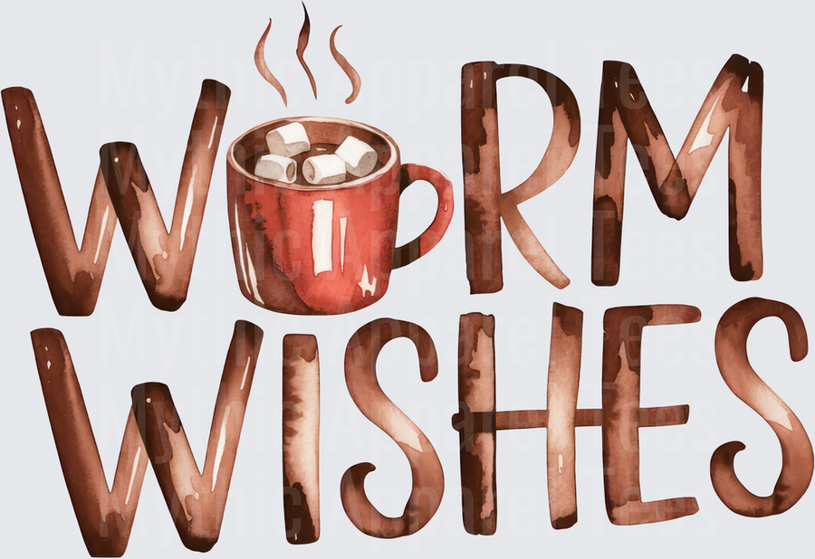 Warm Wishes Watercolor Typography with Steaming Hot Cocoa Mug and Marshmallows