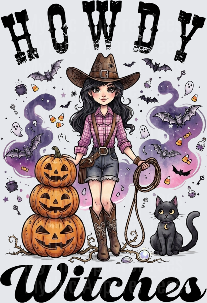 Howdy Witches Halloween Cowgirl Witch with Stacked Jack-o-Lanterns Black Cat Bats and Purple Smoke