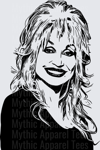Dolly Parton Black and White Ink Portrait with Big Hair and Smiling Expression