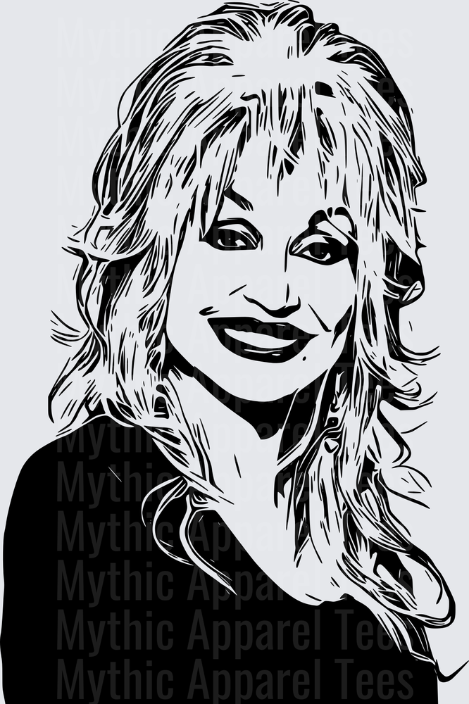 Dolly Parton Black and White Ink Portrait with Big Hair and Smiling Expression