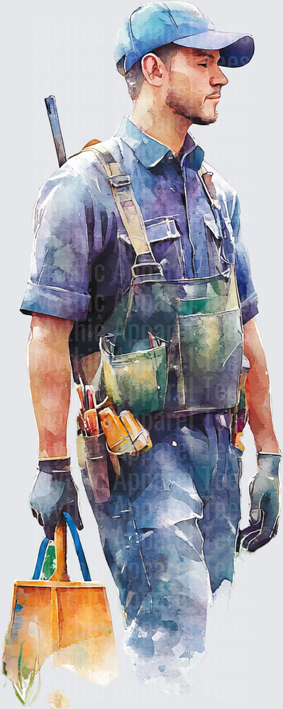 Watercolor Tradesman Worker in Blue Overalls with Tool Bags and Work Gloves