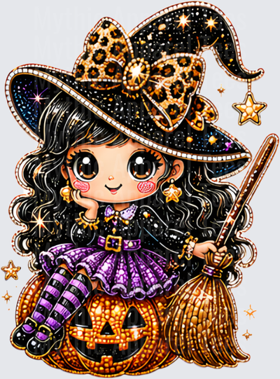 Halloween Bling Cute Chibi Witch Girl with Leopard Print Bow Hat Sitting on Jack-O-Lantern with Broomstick and Gold Stars