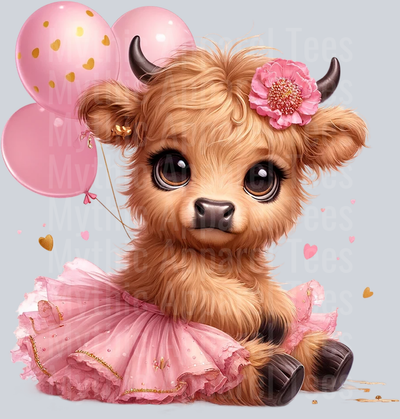 Cute Highland Cow Baby Light pink tutu and balloons DTF Precious Highland Cow Transfers