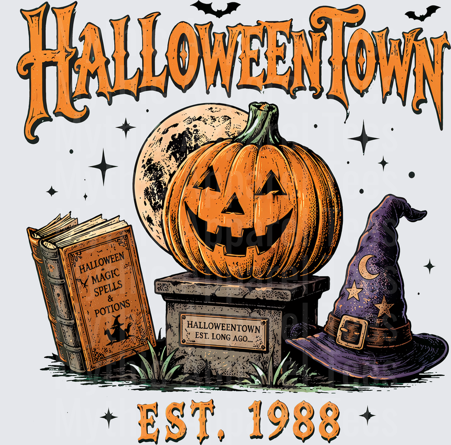 Halloweentown Est. 1988 Jack-O-Lantern Pedestal with Magic Spells Book and Witch Hat Full Moon Bats