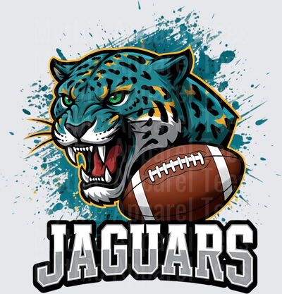 Jaguars Fierce Teal Jaguar Mascot with Football and Paint Splatter