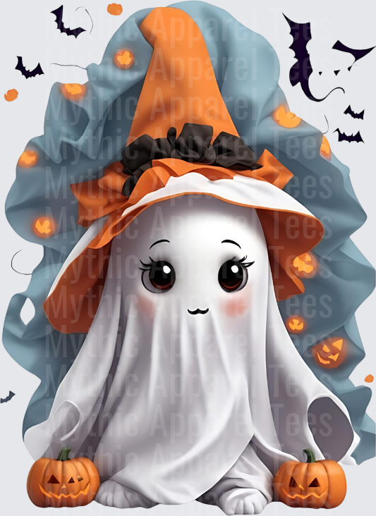 Cute Ghost Wearing Orange Witch Hat with Jack-O-Lanterns and Flying Bats Halloween