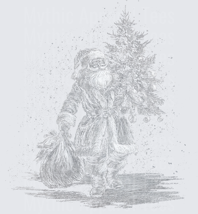 Vintage Sketch Santa Claus Carrying Decorated Christmas Tree and Gift Sack in Snowfall