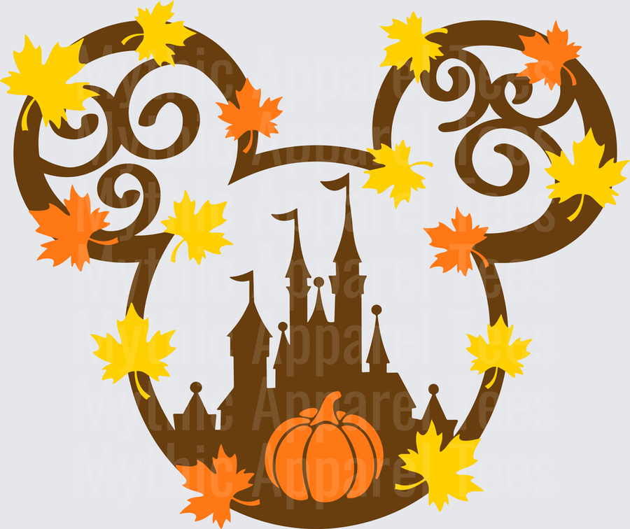 Disney Fall and Thanksgiving Mickey Mouse Ears Castle Pumpkin Autumn Leaves Swirl Silhouette