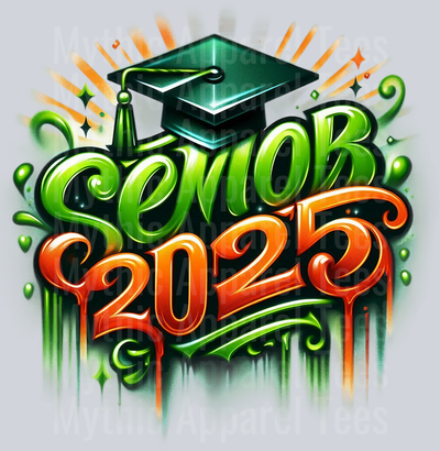 0018 Senior 2025 Airbrushed Orange and Green DTF 2025 Senior Graduation Transfers