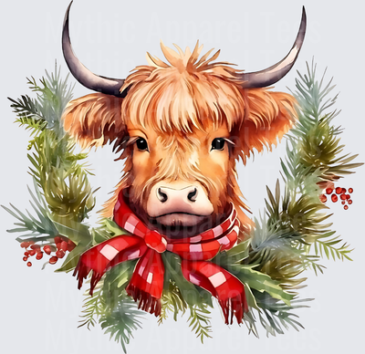 Highland Christmas Cow Watercolor Wreath Red Plaid Scarf