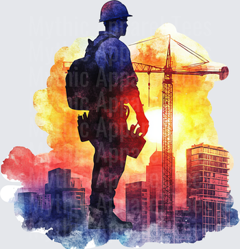 Construction Worker Silhouette Double Exposure Watercolor Sunset Cityscape with Tower Crane