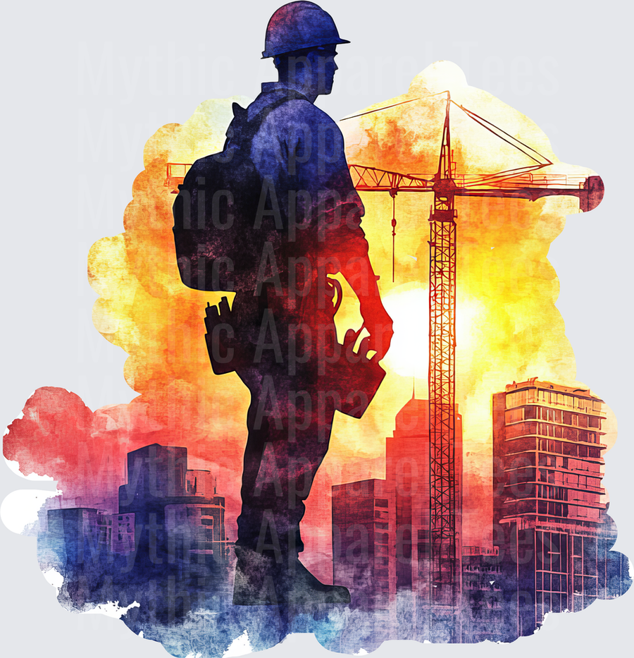 Construction Worker Silhouette Double Exposure Watercolor Sunset Cityscape with Tower Crane