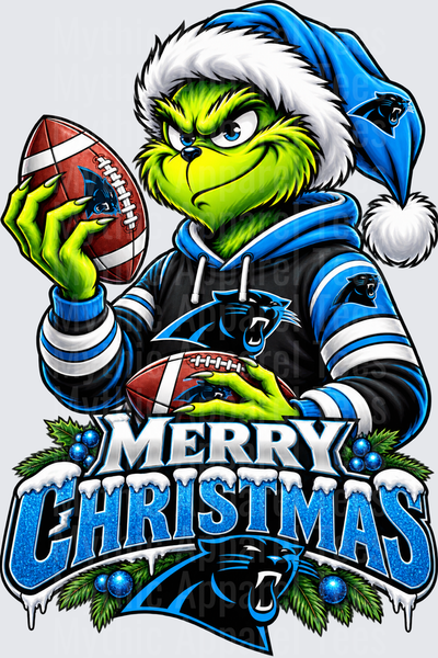 Football Grinch Santa Carolina Panthers Merry Christmas Holiday Design with Footballs and Festive Holly