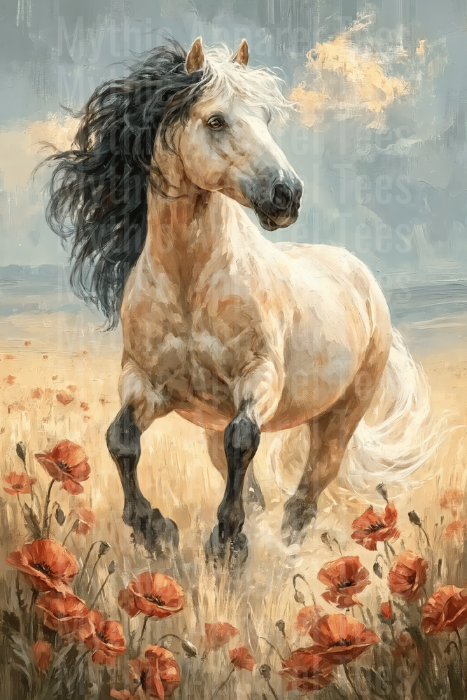 Majestic Buckskin Horse with Black and White Flowing Mane Prancing Through Red Poppy Field Oil Painting Style