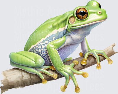 Realistic Green Tree Frog Perched on Wooden Branch with Blue and Cream Markings