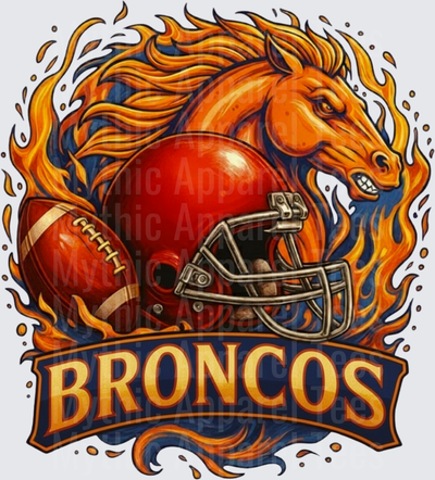 Broncos Flaming Mustang Horse Football Helmet and Ball Spirit Design