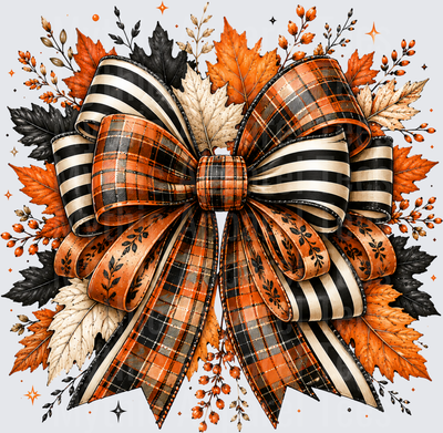 Fall Harvest Layered Bow with Orange Black Plaid Stripe Ribbon Autumn Maple Leaves and Berries Sparkle Design