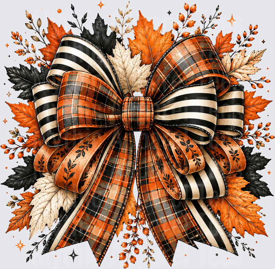 Fall Harvest Layered Bow with Orange Black Plaid Stripe Ribbon Autumn Maple Leaves and Berries Sparkle Design