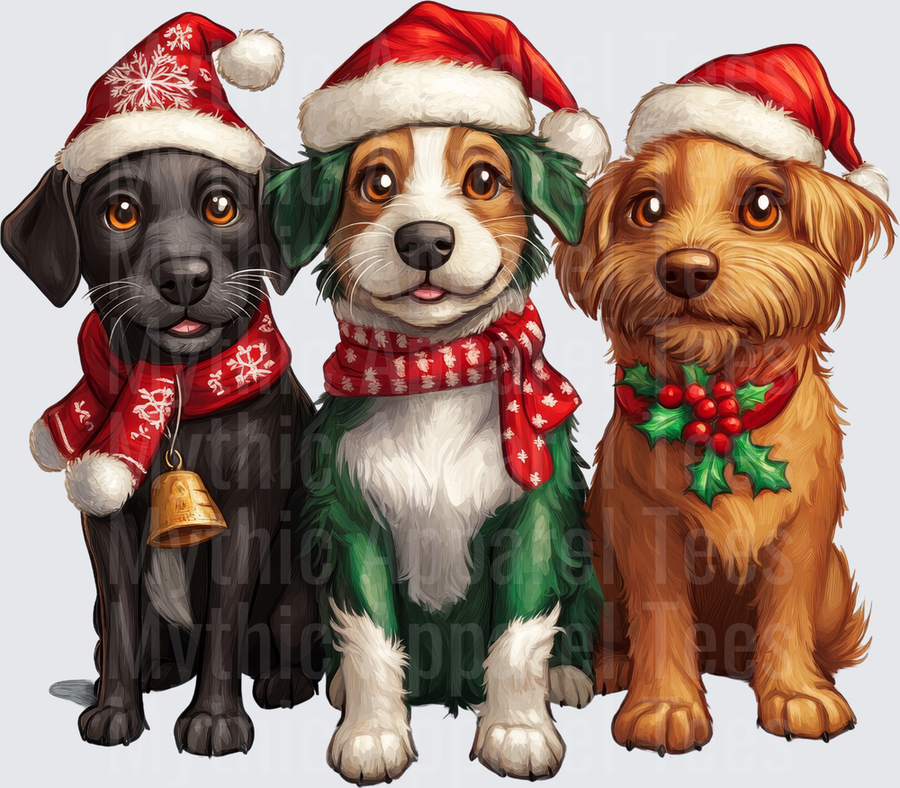 Three Festive Christmas Puppies in Santa Hats with Holiday Scarves and Holly