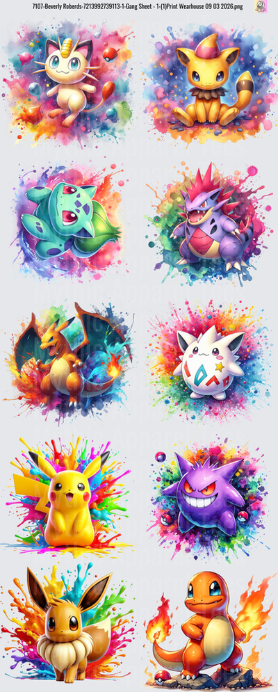 Gang Sheet FULL SIZE DESIGNS Pokemon Watercolor Splash Collection Meowth Vulpix Bulbasaur Nidoking Gyarados Togepi Pikachu Gengar Eevee Charmander