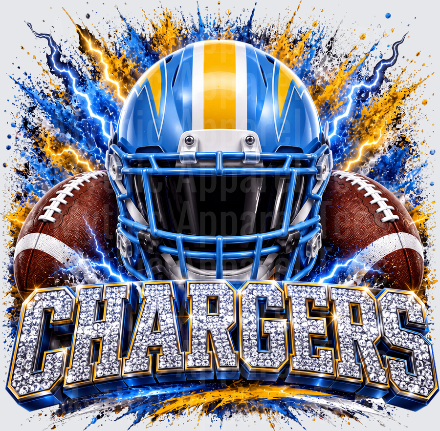 Rhinestone Style NFL Los Angeles Chargers Blue and Gold Football Helmet Lightning Bolt Explosion with Diamond Encrusted Chargers Text and Crossed Footballs