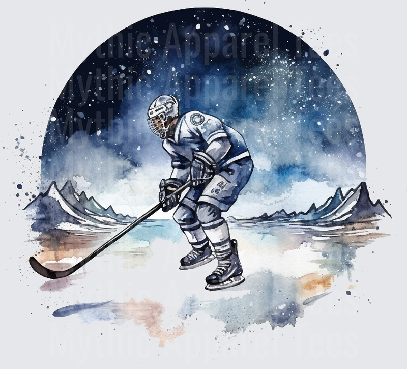 Ice Hockey Player Watercolor Night Sky Mountain Scene