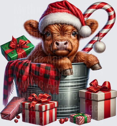 Highland Christmas Cow Baby Calf Santa Hat Galvanized Bucket