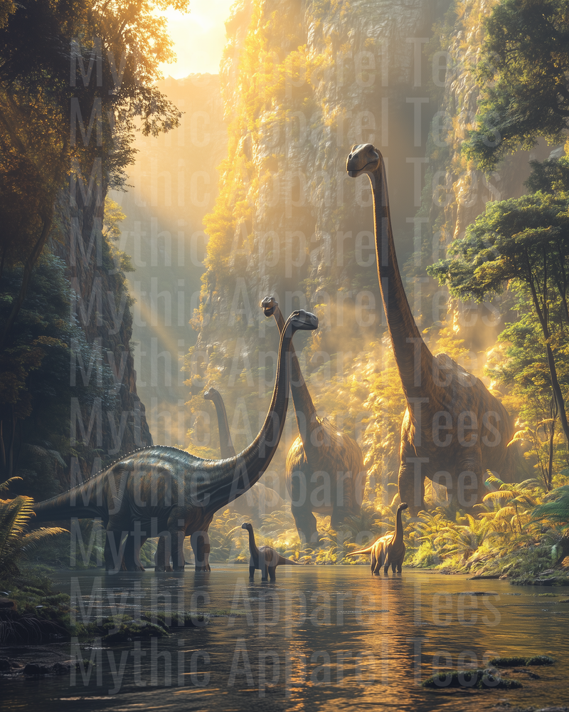 Majestic Brachiosaurus Herd Wading Through Ancient Jungle River Canyon at Golden Sunrise