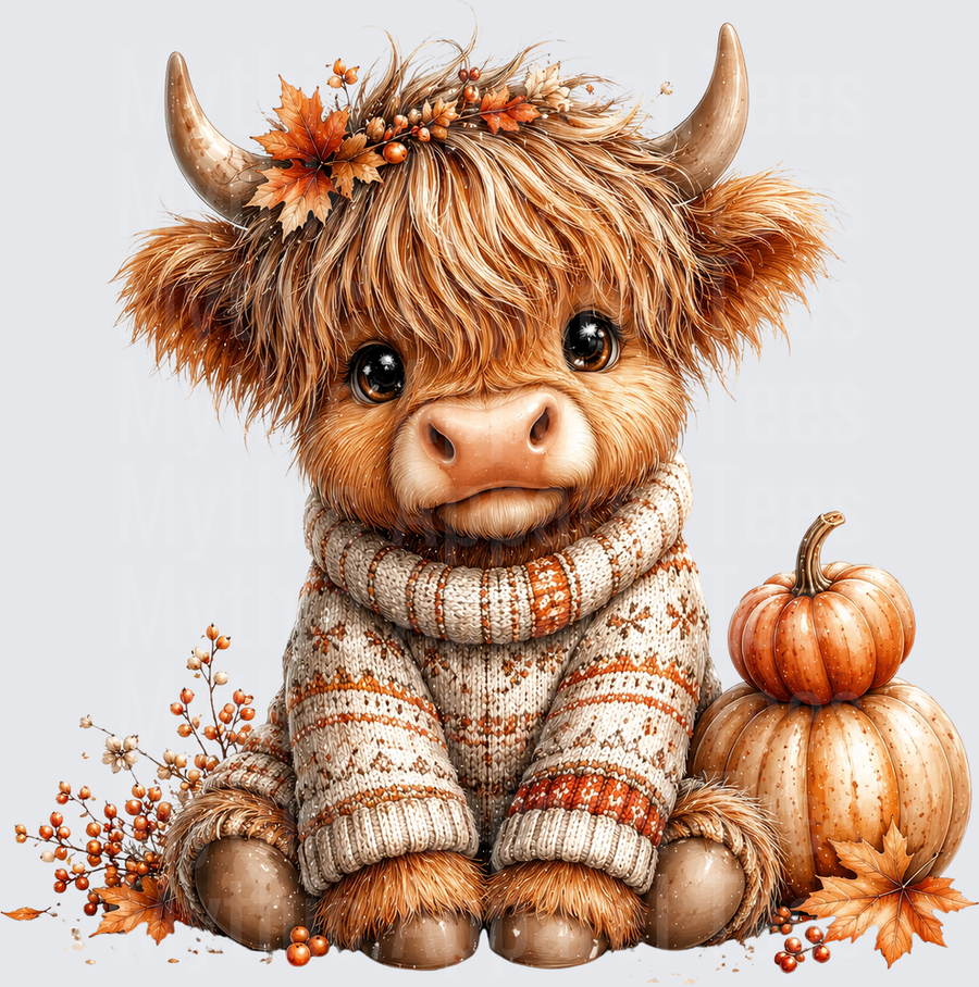 Cute Baby Highland Cow in Fall Fair Isle Sweater with Autumn Pumpkins and Berry Branches
