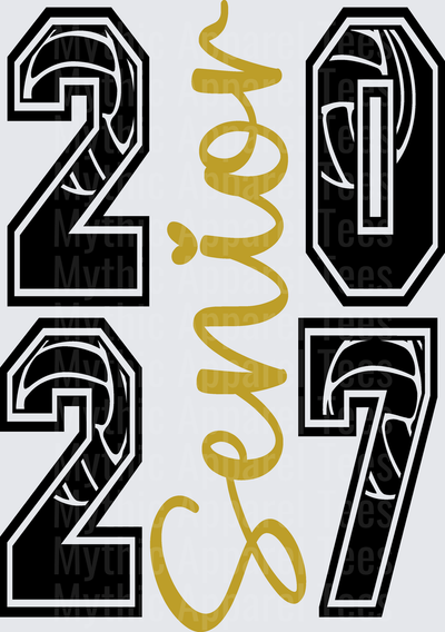 Senior 2027 Bold Varsity Letters with Gold Script Vertical Design Black and Gold Graduation