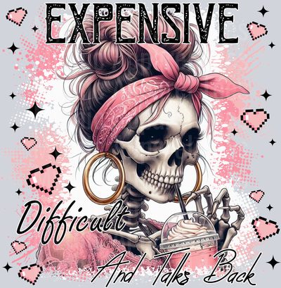 Expensive Difficult And Talks Back Pink Hearts and Skull Girl DTF Skull Transfers