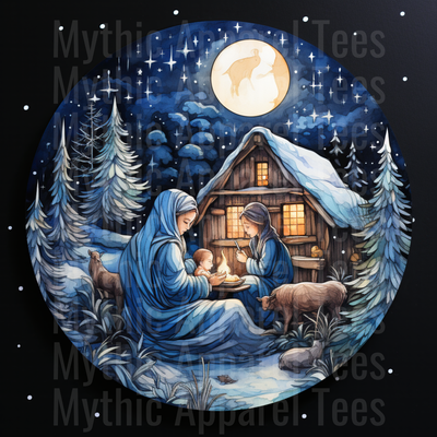 Nativity Scene Watercolor Winter Night Circle Mary Baby Jesus