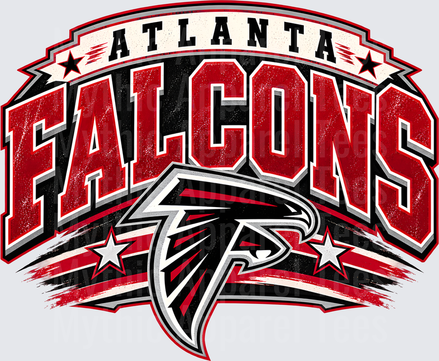 Atlanta Falcons Bold Arched Wordmark with Classic Falcon Logo Stars and Distressed Red Black Graphic Design