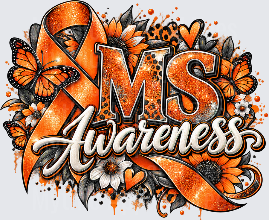 MS Awareness Orange Glitter Ribbon with Monarch Butterflies Sunflowers and Leopard Print Floral Design