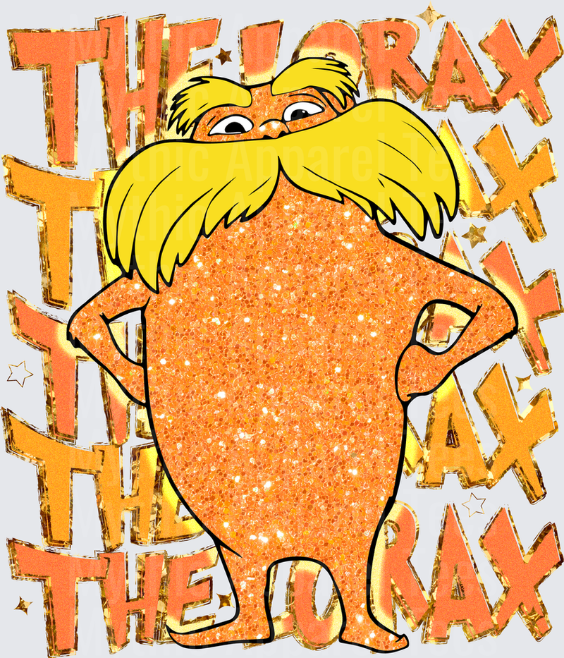 The Lorax Glitter Orange Character with Bold Gold Foil Repeating Text Background