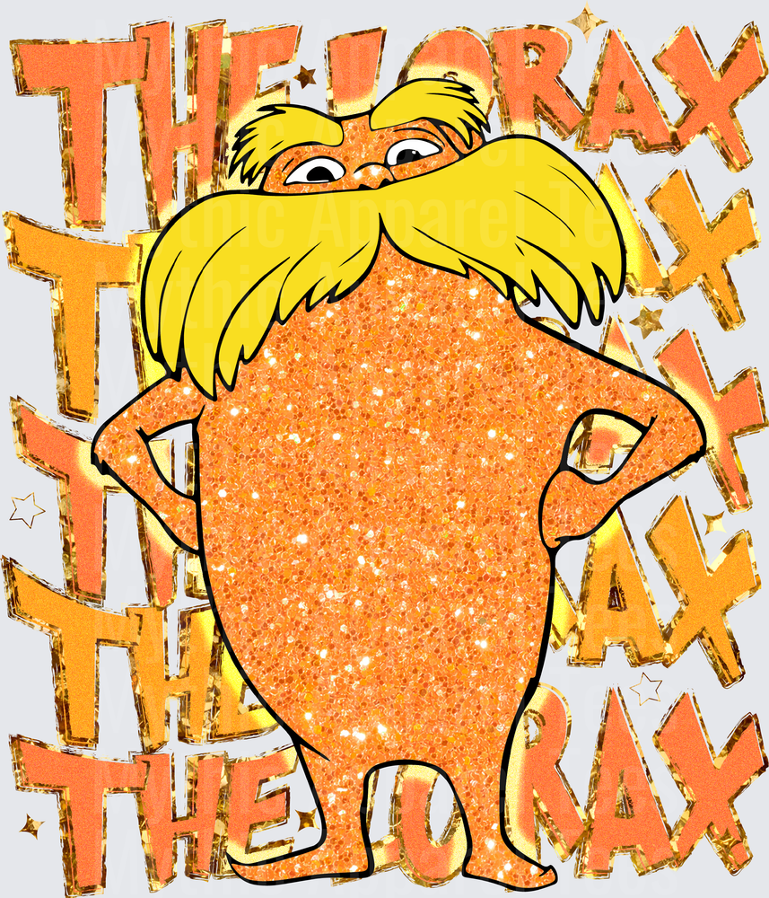 The Lorax Glitter Orange Character with Bold Gold Foil Repeating Text Background
