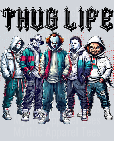 Black Pointy Letters and Dots THUG LIFE Freddy Krueger Jason Vorhees Michael Myers Pennywise Frankenstein Gangster Pose Horror Movie DTF Thug Life Transfers