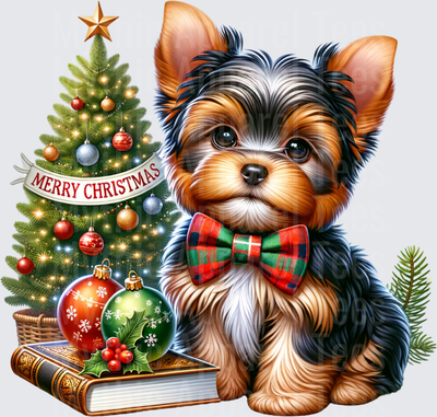 Merry Christmas Yorkshire Terrier Puppy with Plaid Bow Tie Holiday Tree and Ornaments